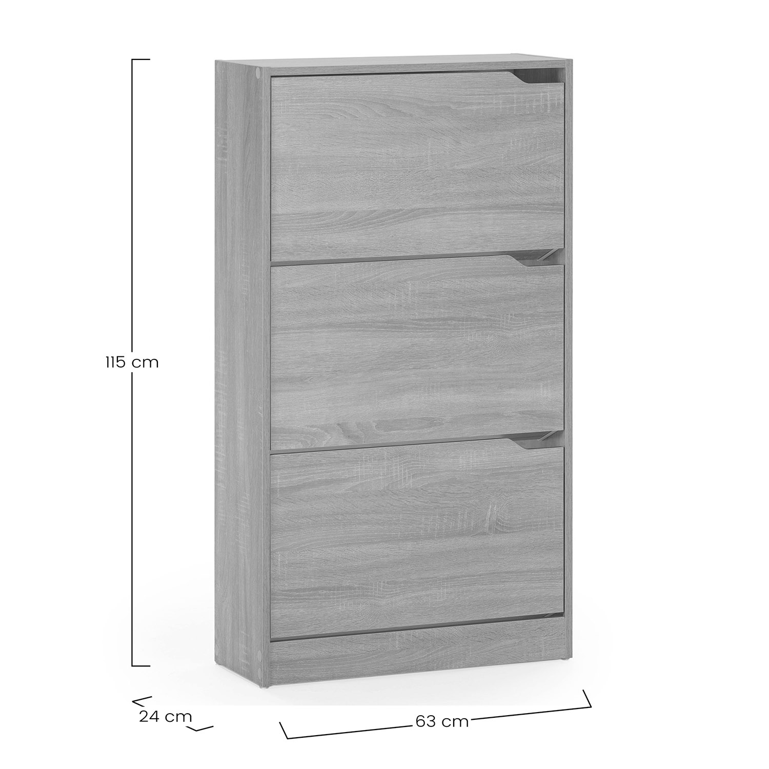 Zapatero gris efecto madera con tres puertas abatibles. 115x63x24cm.