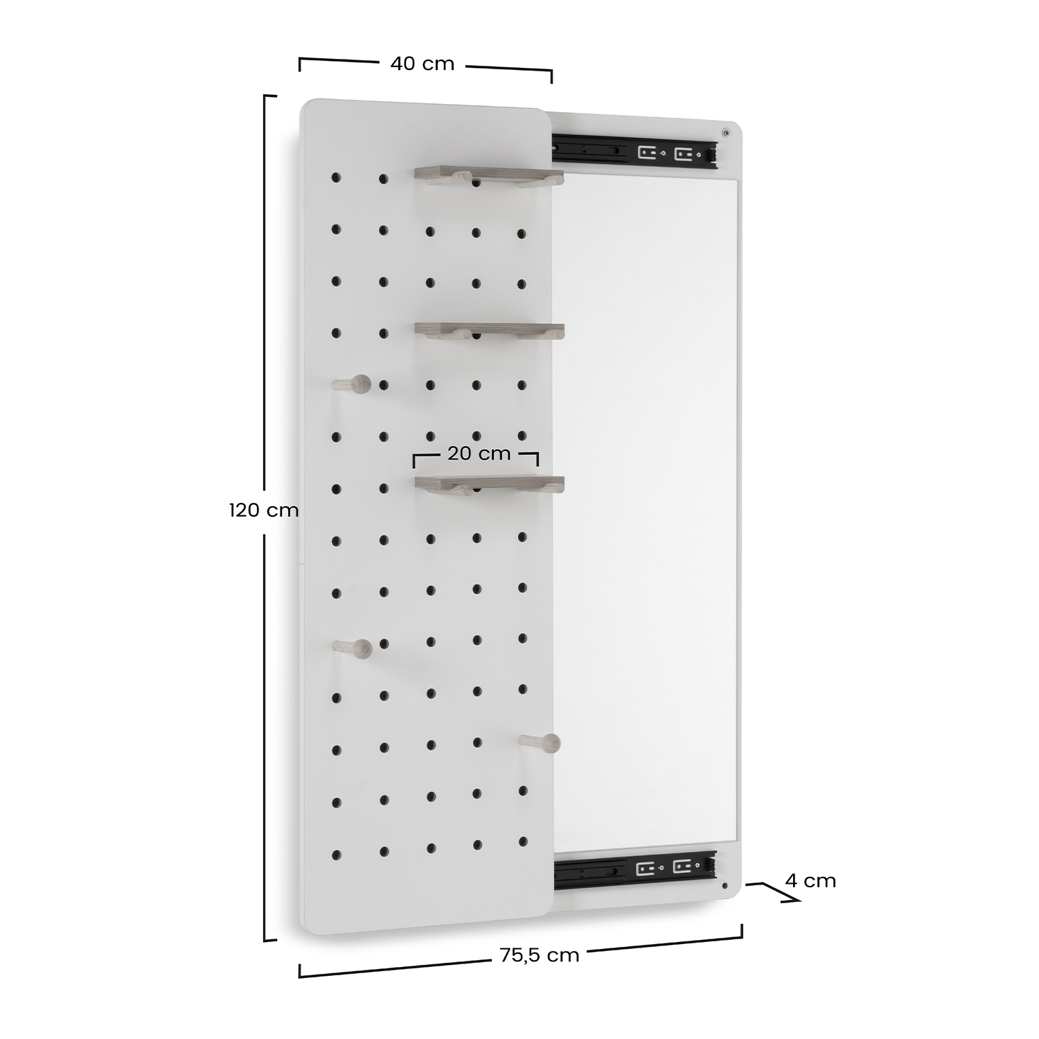 Panel perforado blanco (120x75,5cm) con estantes, ganchos y medidas.