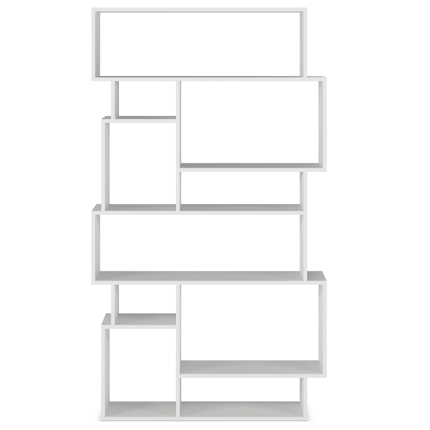Estantería blanca moderna y abierta con cubos y estantes asimétricos.