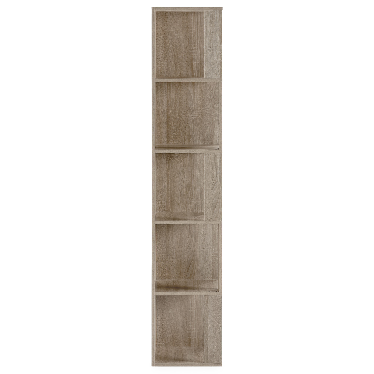 Estantería alta y estrecha de imitación madera clara con cinco baldas abiertas.