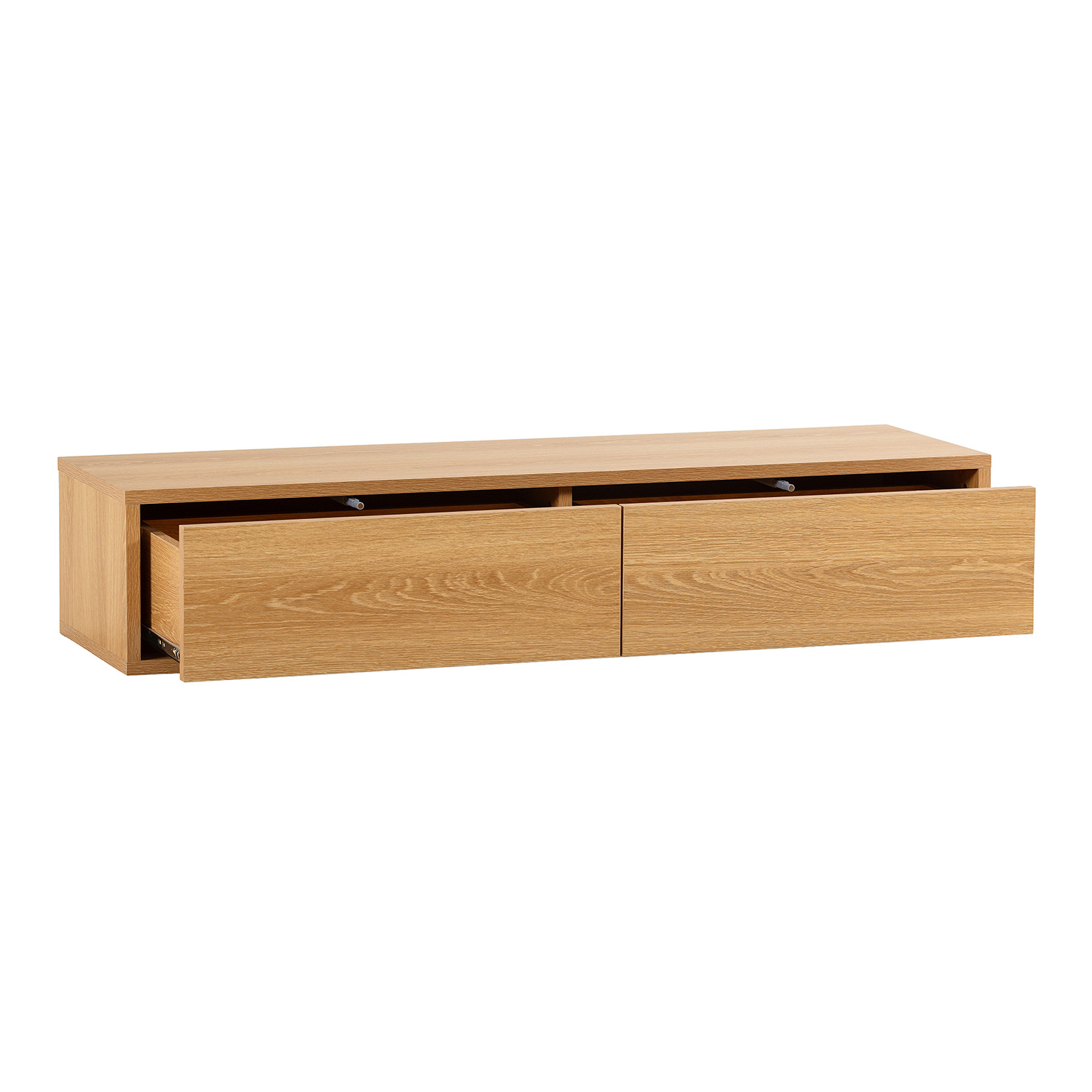 Un aparador de madera sencillo con dos cajones, uno de ellos abierto.