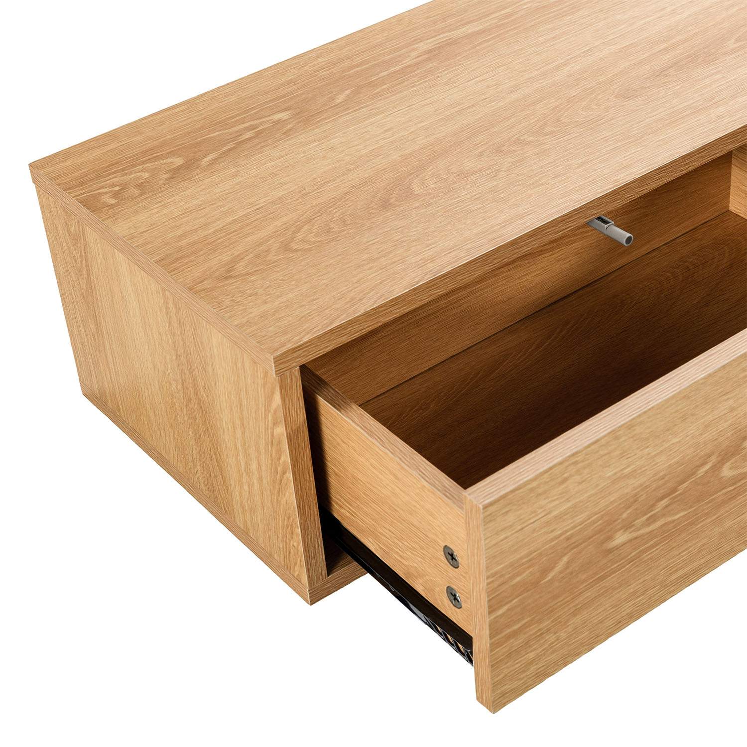 Un cajón de madera abierto con rieles y tornillos visibles.
