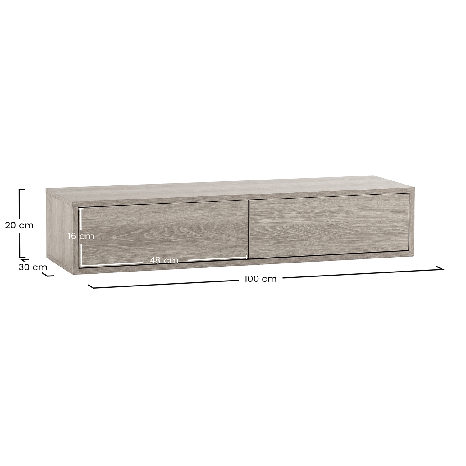 Gabinete de madera gris con dos cajones, 100 cm de ancho, 30 cm de alto.