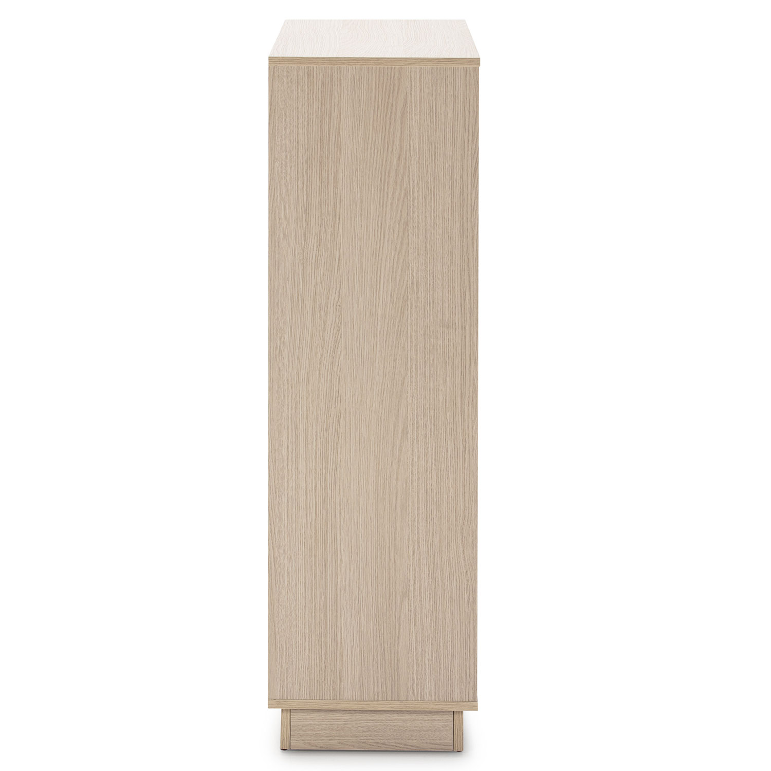 Un mueble estrecho de madera clara sobre fondo blanco.