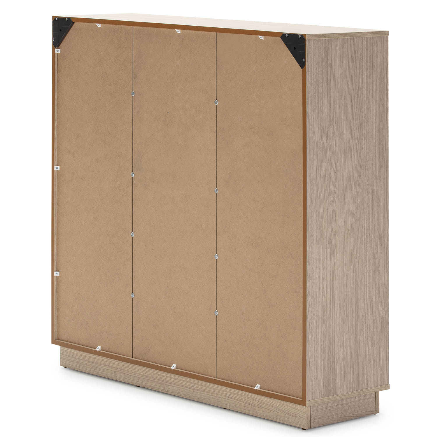 Vista trasera de un armario marrón claro con veta de madera y panel trasero marrón.