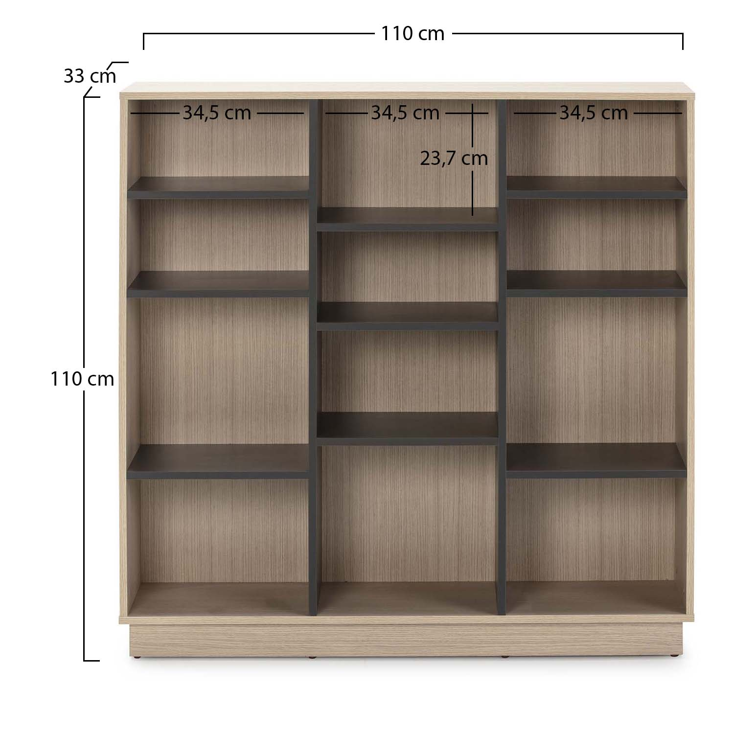 Estantería de madera clara con 7 baldas abiertas y baldas gris oscuro. Dimensiones mostradas.