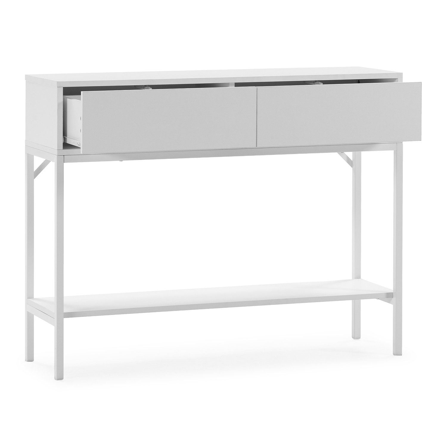 Una mesa consola blanca con dos cajones y un estante debajo.