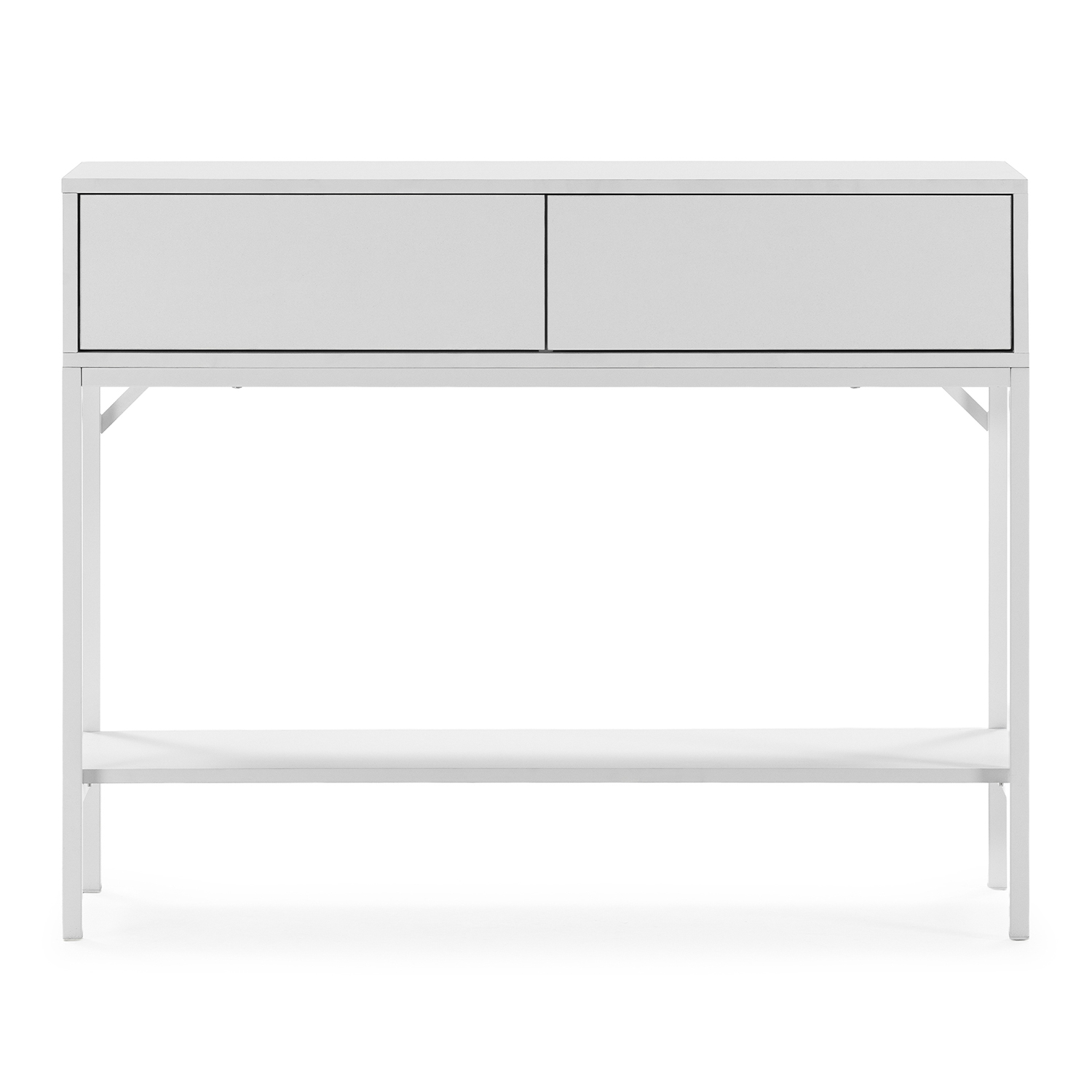 Una mesa consola blanca con dos cajones y un estante.
