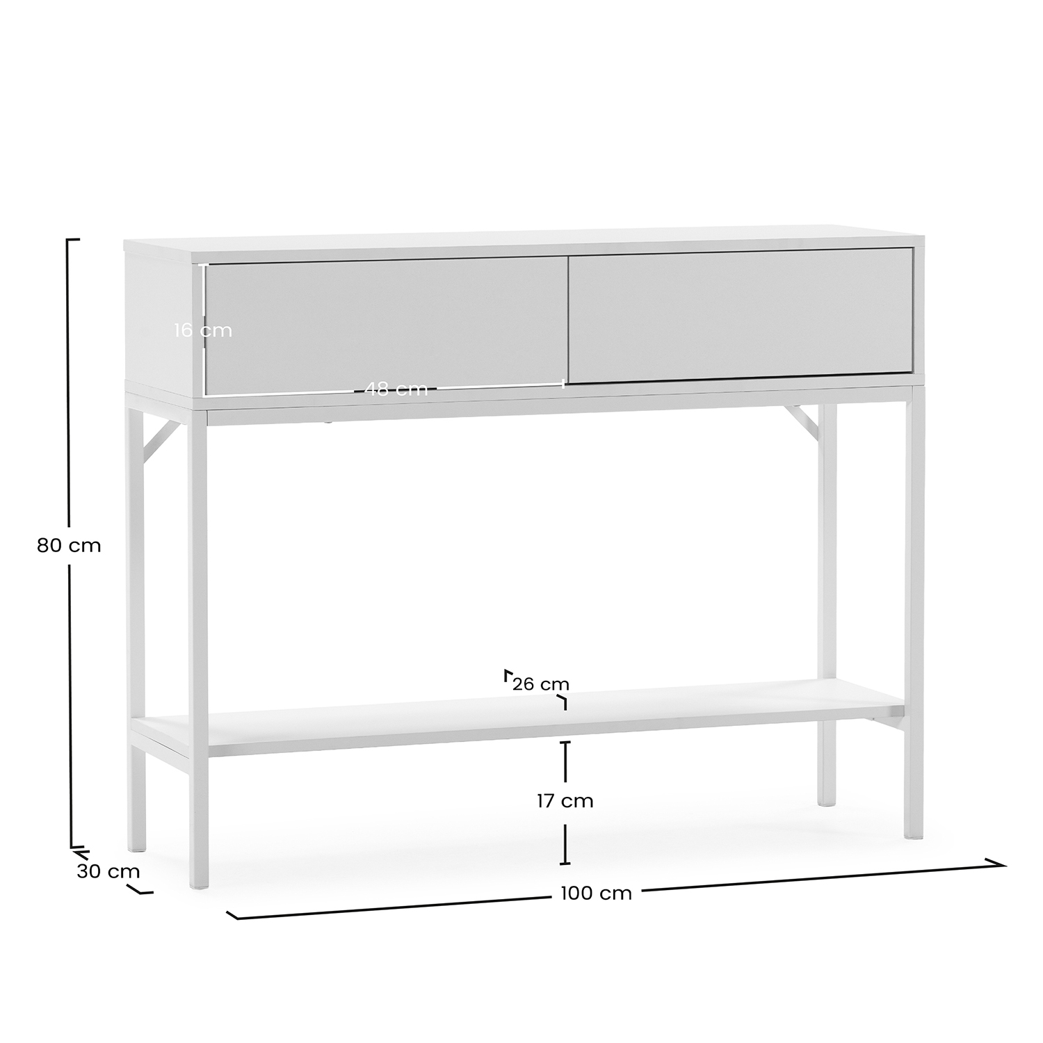 Una mesa consola blanca con dos cajones y dimensiones.