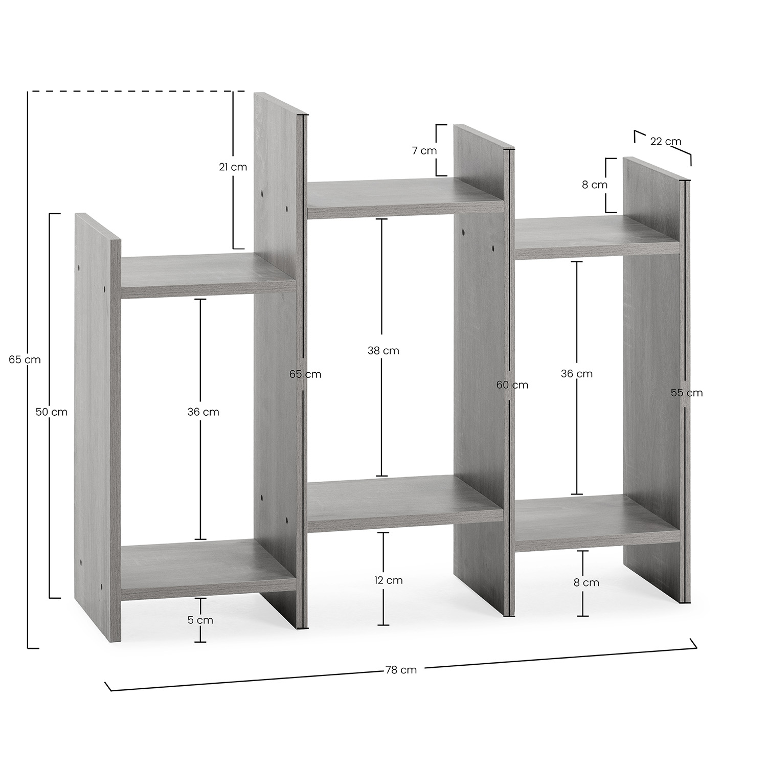 Estantería gris con varios compartimentos y medidas.
