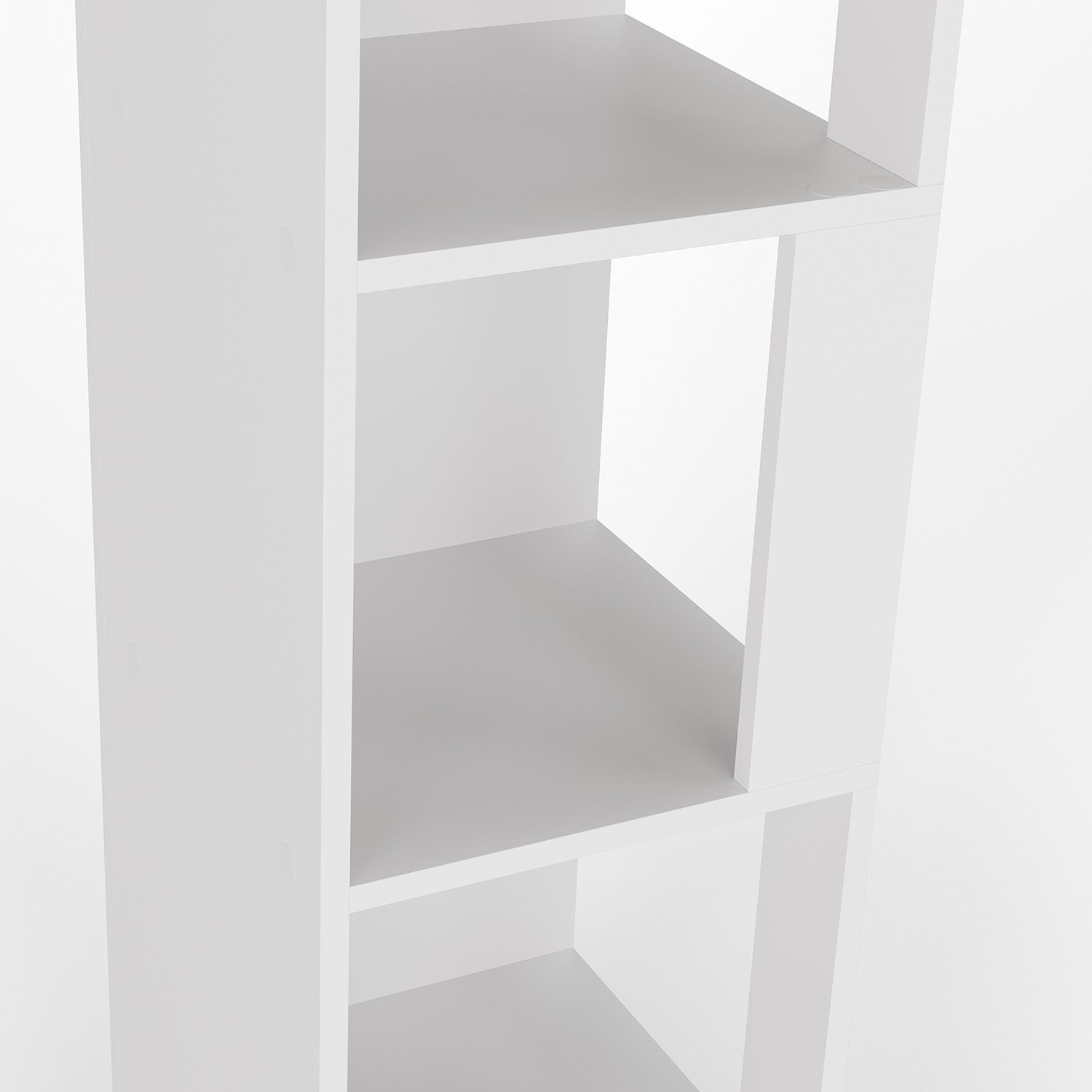 Un mueble de estantería blanco con varios compartimentos sobre fondo blanco.