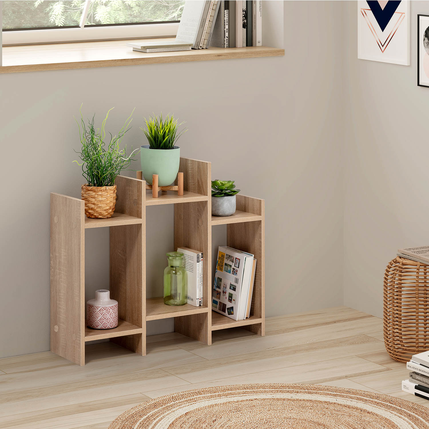 Una estantería de madera clara tiene plantas, libros y decoración. Una alfombra redonda en el suelo.