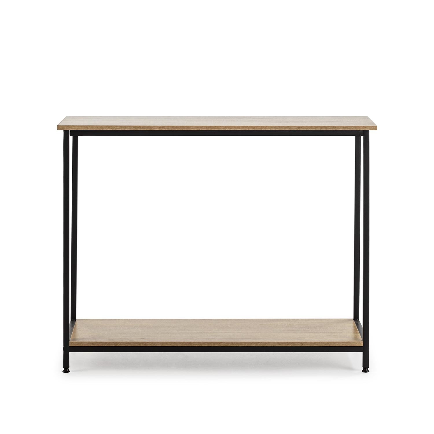 Una mesa consola estrecha con tapa y estante de madera sobre patas metálicas negras.