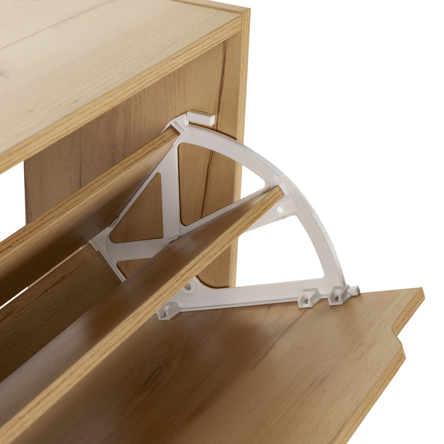 Zapatero de madera con mecanismos abatibles blancos y compartimentos abiertos.