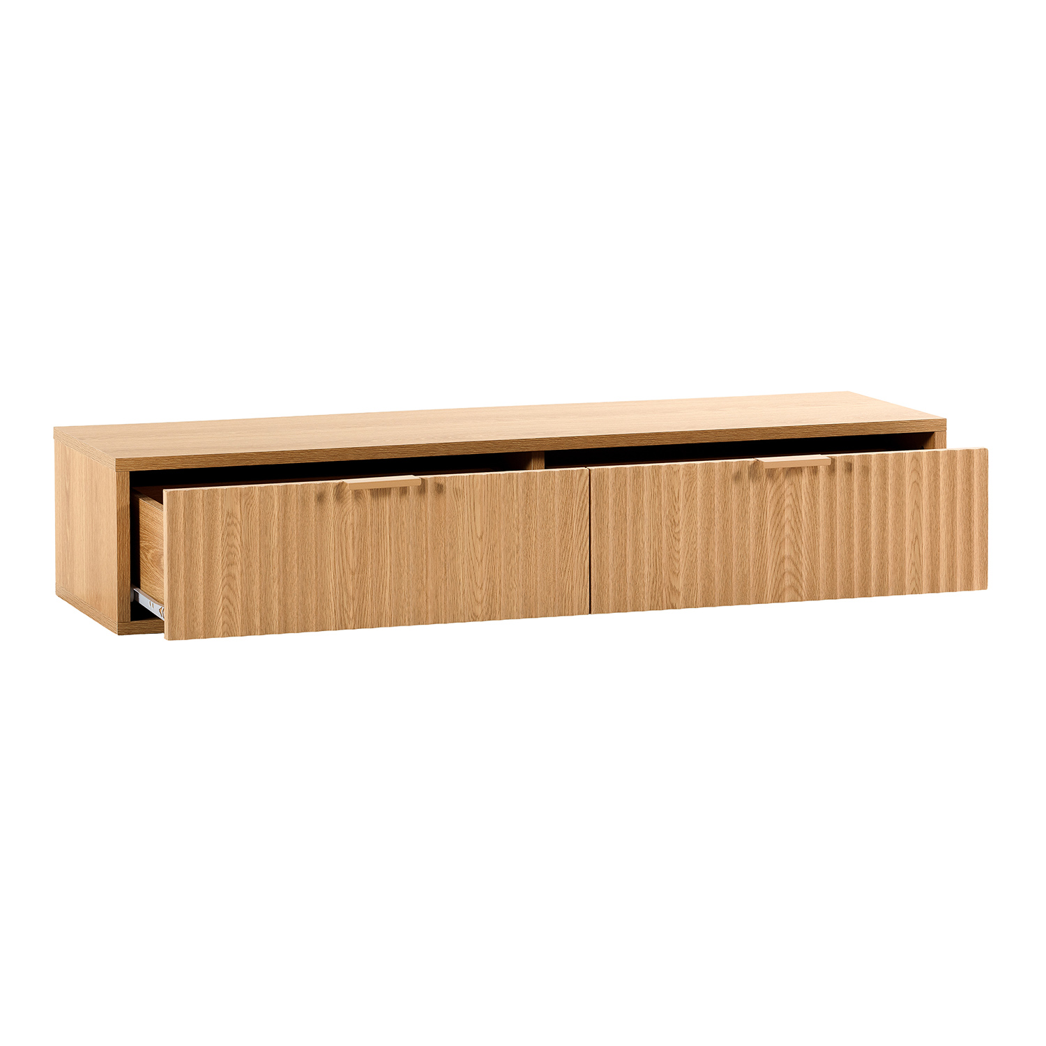 Un mueble de madera largo y estrecho con dos cajones, uno de ellos abierto.