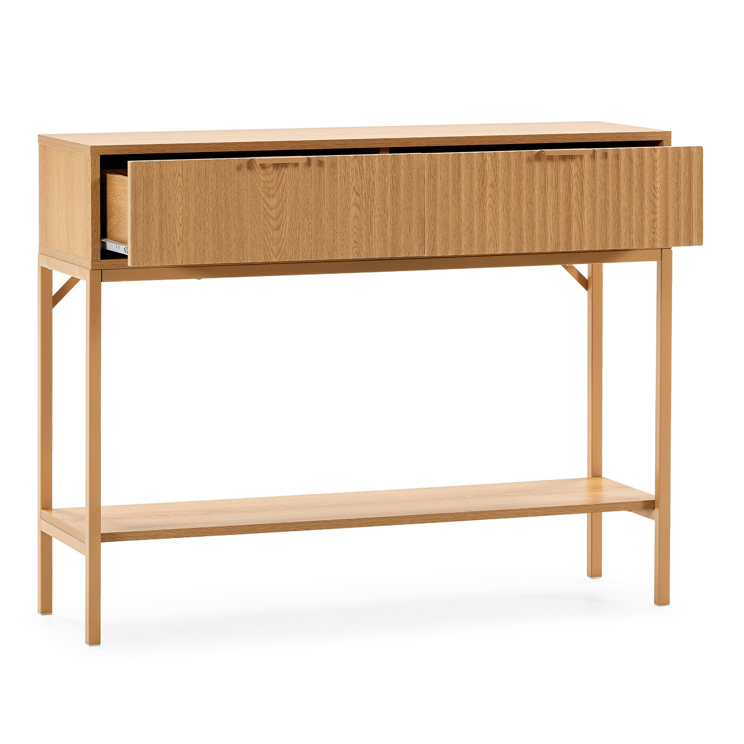 Una mesa consola de madera con un cajón abierto y un estante inferior.