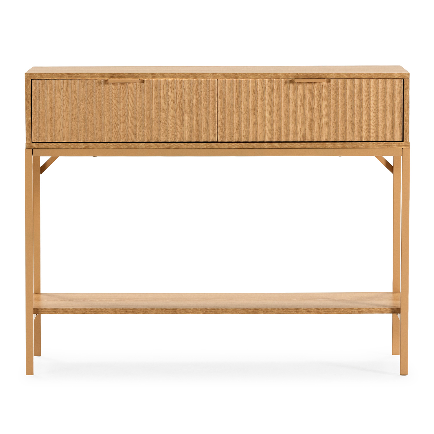 Una consola de madera marrón claro con dos cajones y un estante inferior sobre patas metálicas.