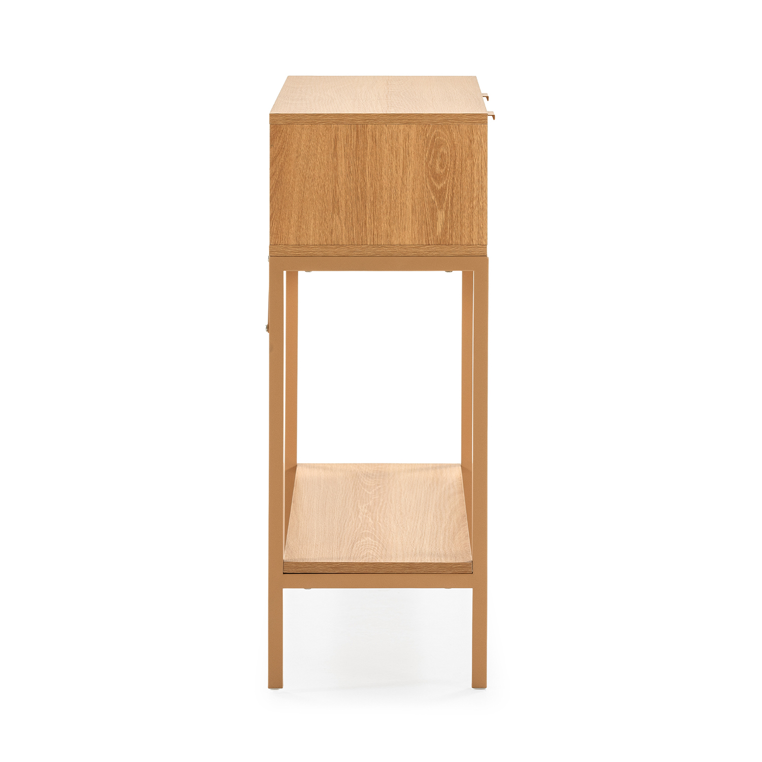 Una mesa consola de madera con un cajón y un estante abierto sobre patas metálicas.
