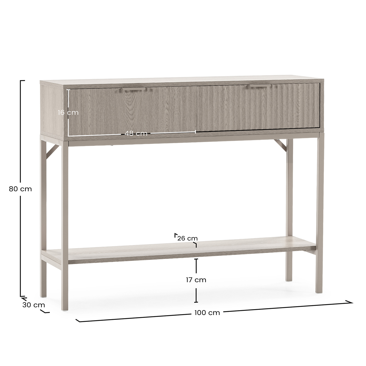 Una mesa consola estrecha con dos cajones y patas de metal. Se muestran las dimensiones.
