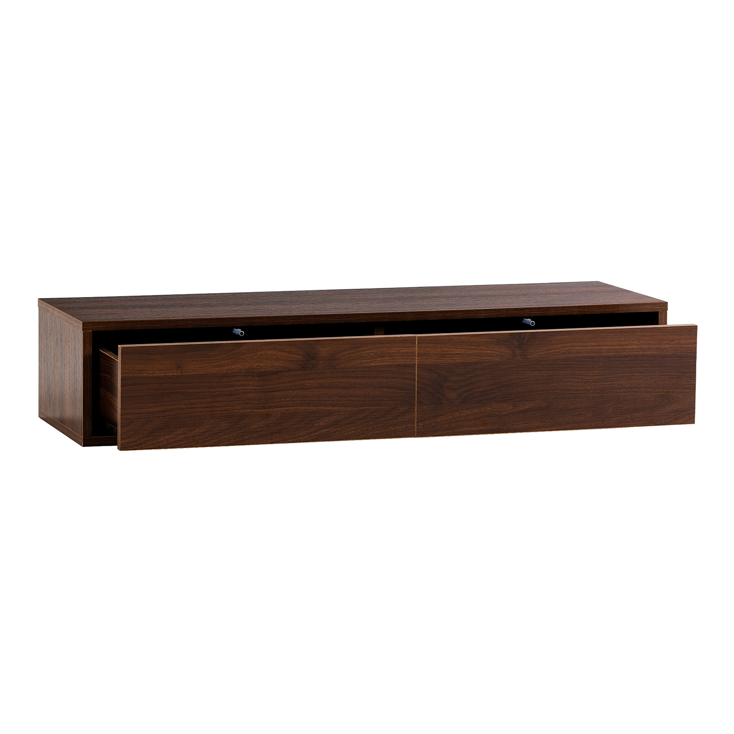 Un estante de pared de madera marrón oscuro con dos cajones abiertos.