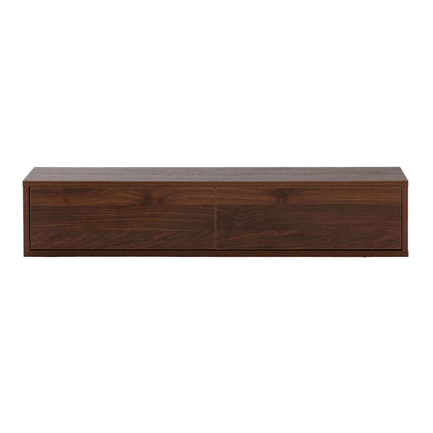 Un mueble de TV de madera marrón oscuro, sencillo, con dos cajones, independiente.