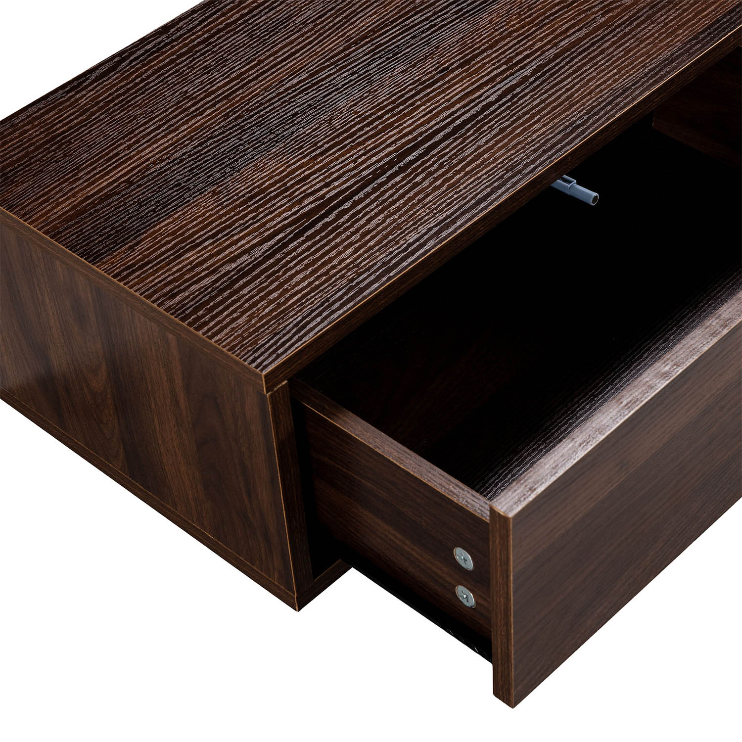 Cajón de madera oscura, parcialmente abierto, muestra interior y mecanismo gris.