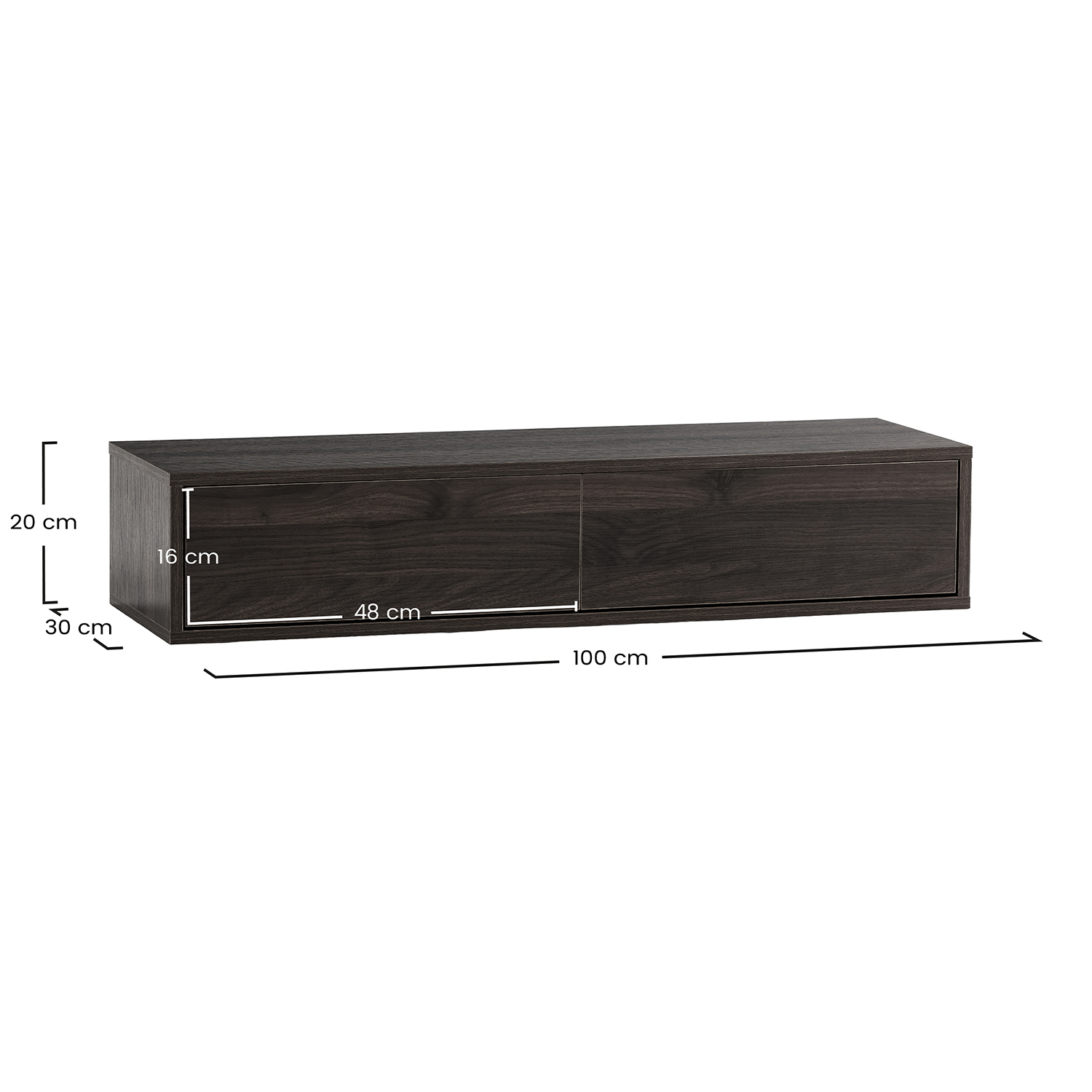 Un estante de pared de madera oscura con dos cajones, mide 100x30x20cm.