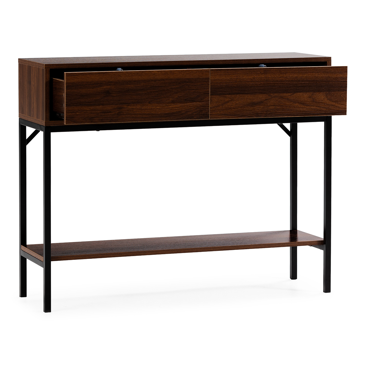 Una mesa consola de madera oscura con patas de metal negro, un cajón abierto.