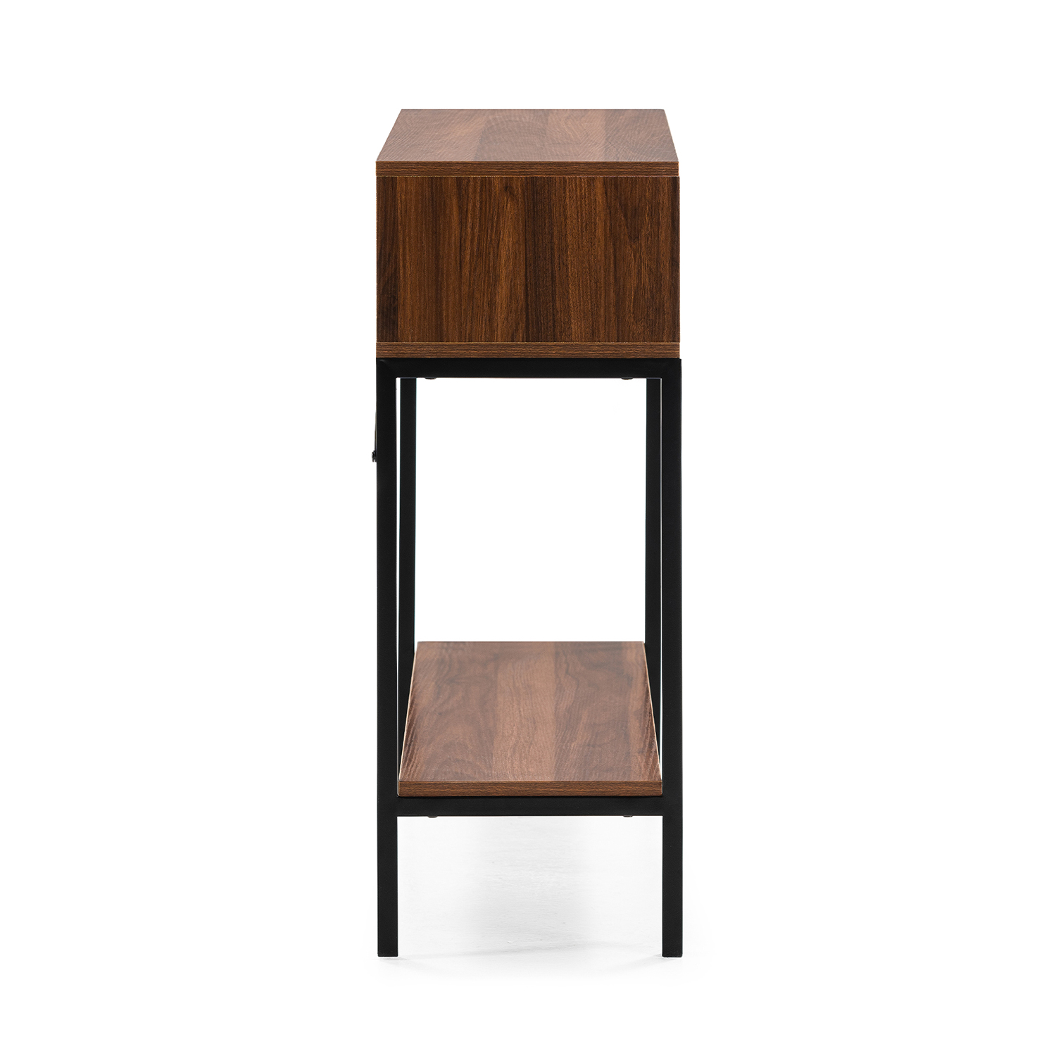 Estante de madera con marco de metal negro, vista lateral.