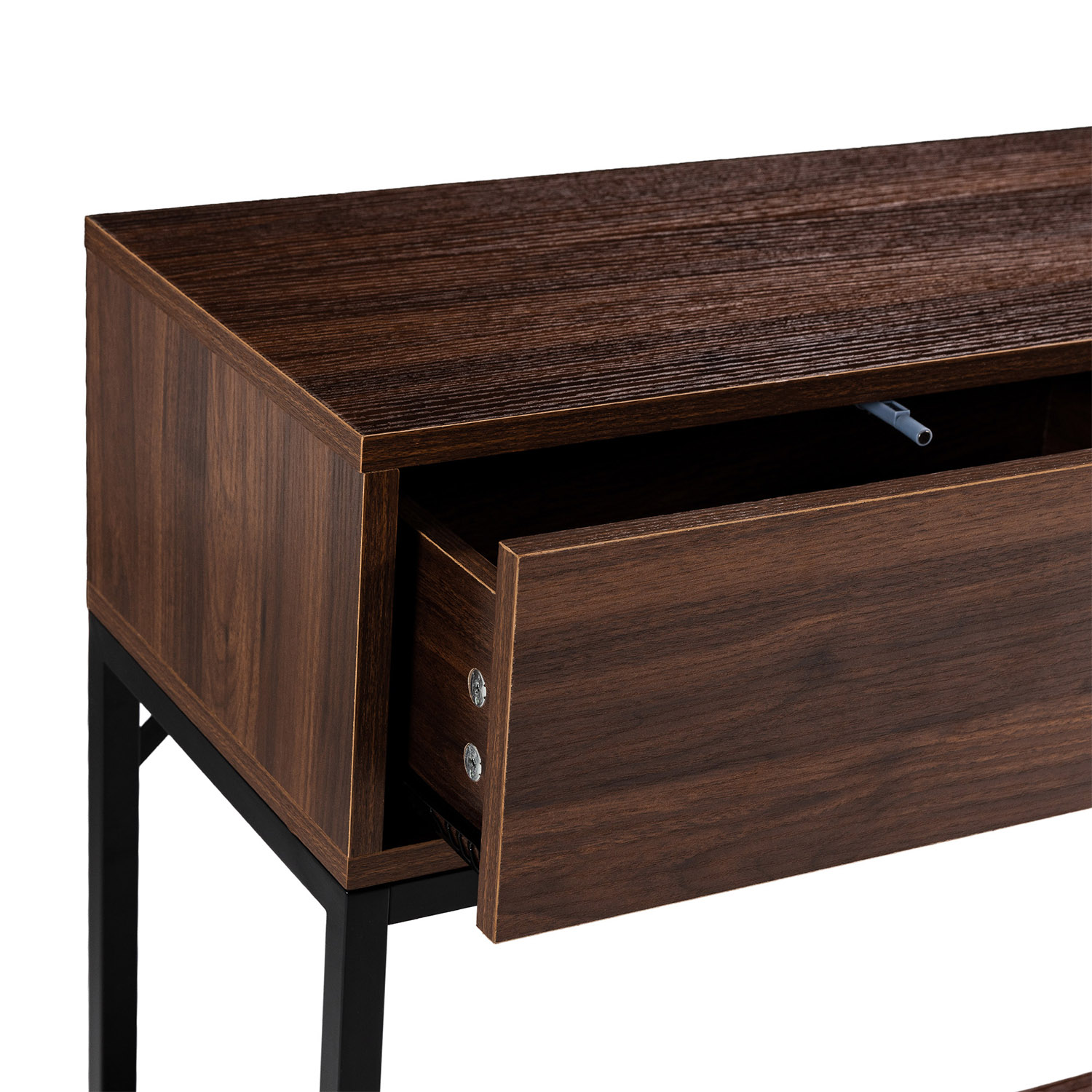 Una mesa consola de madera oscura con un cajón abierto y patas de metal negro.