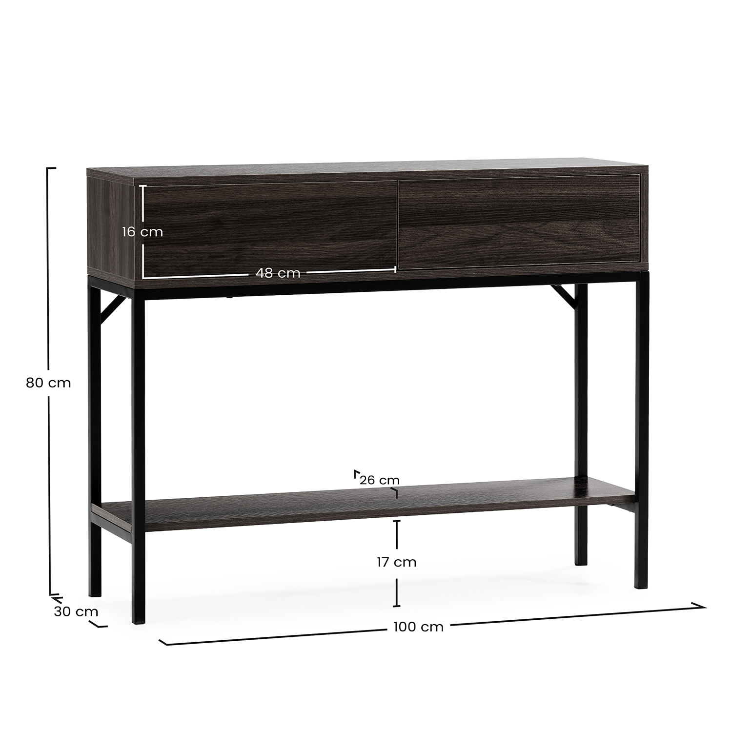 Mesa consola con acabado madera oscura, patas metal negro. Dimensiones mostradas.