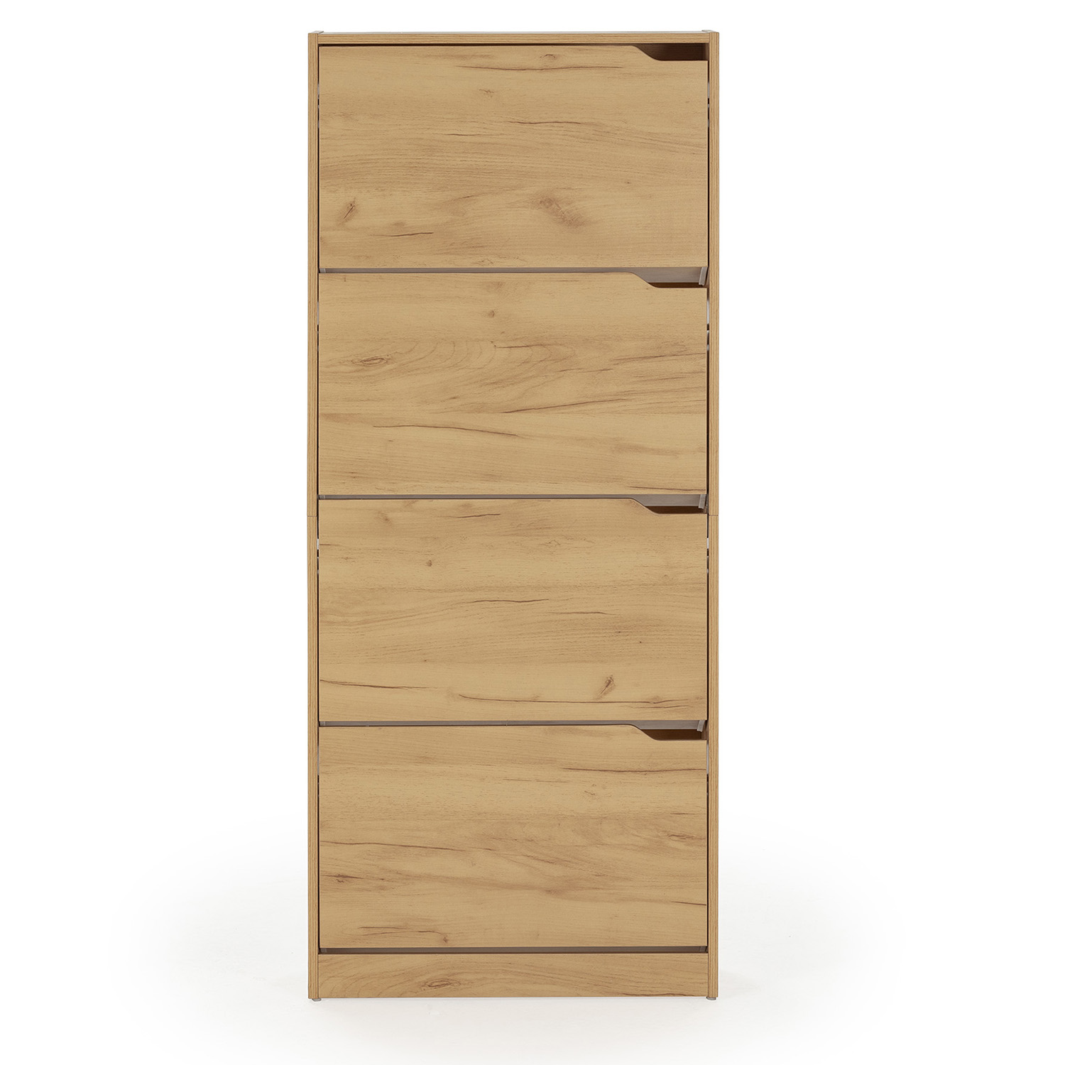 Un armario estrecho de madera clara con cinco frentes de cajón.