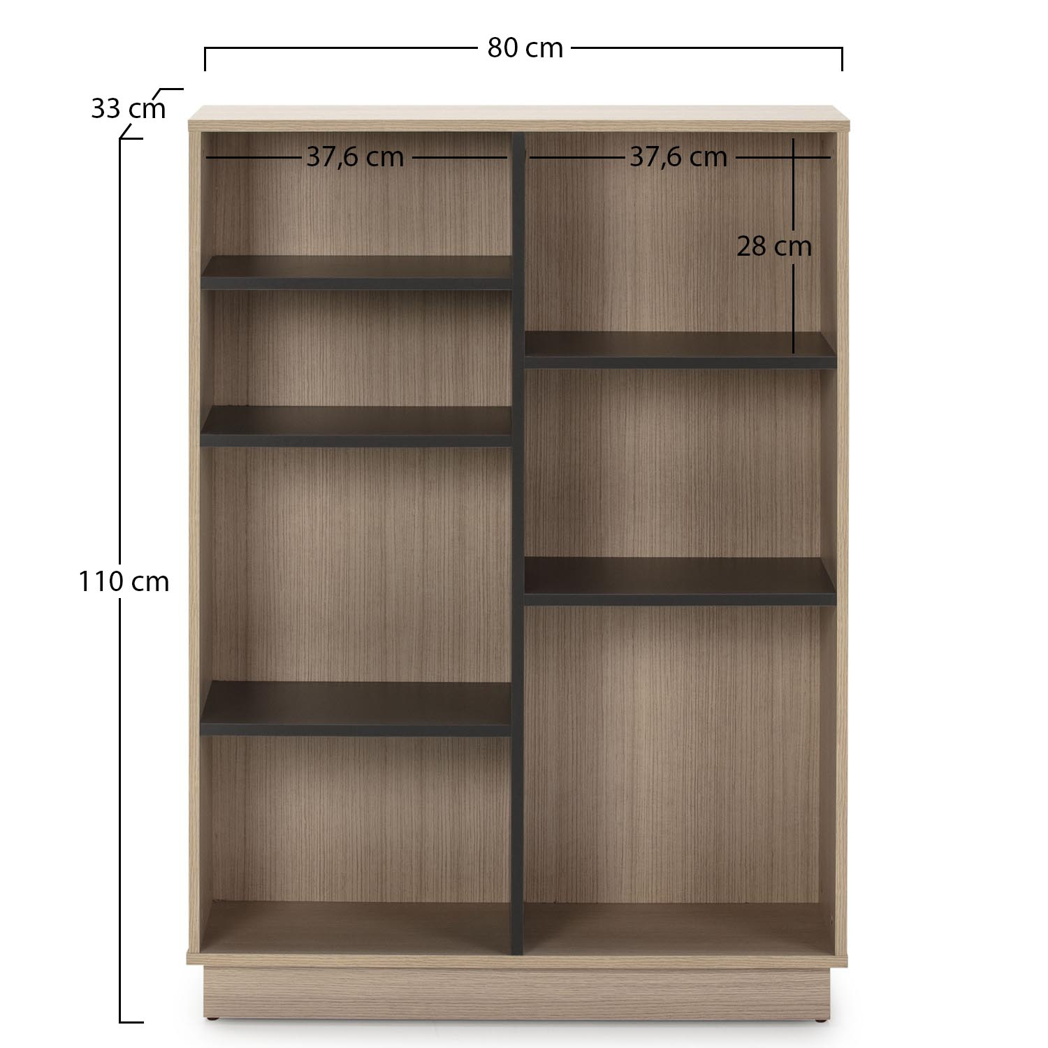 Librería de madera con 6 estantes, 110x80x33 cm. Estantes oscuros.