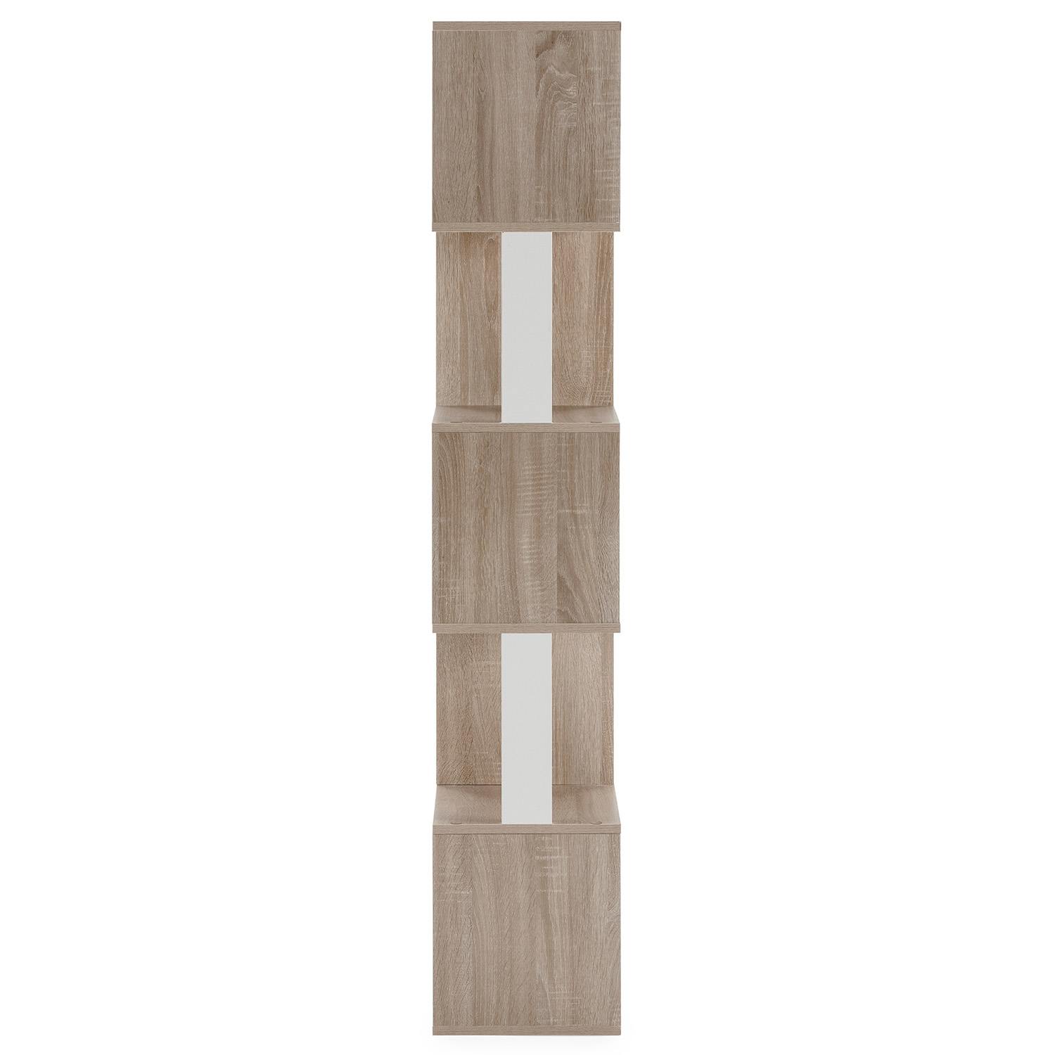 Una estantería alta y estrecha de madera marrón claro con cuatro compartimentos abiertos.