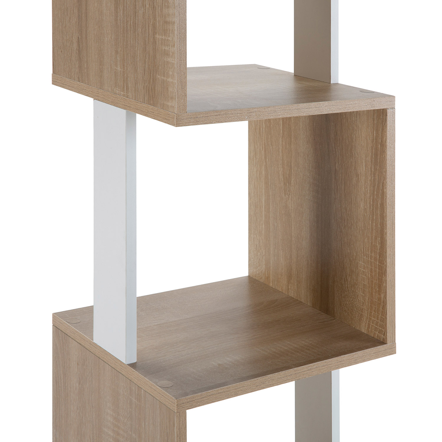 Estantería modular con acabado imitación madera y soportes blancos, sobre fondo blanco.