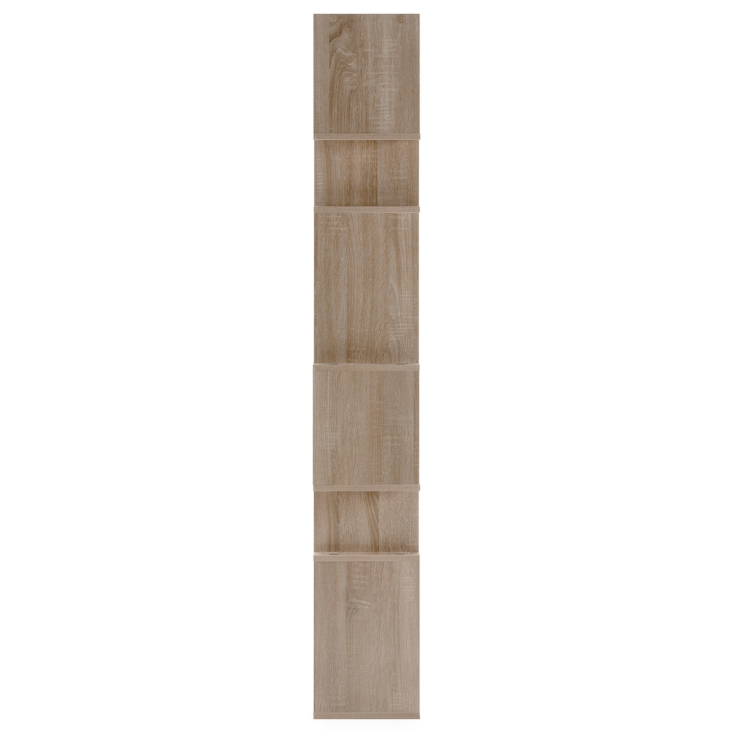 Un estante alto y estrecho de madera clara con cinco baldas abiertas.