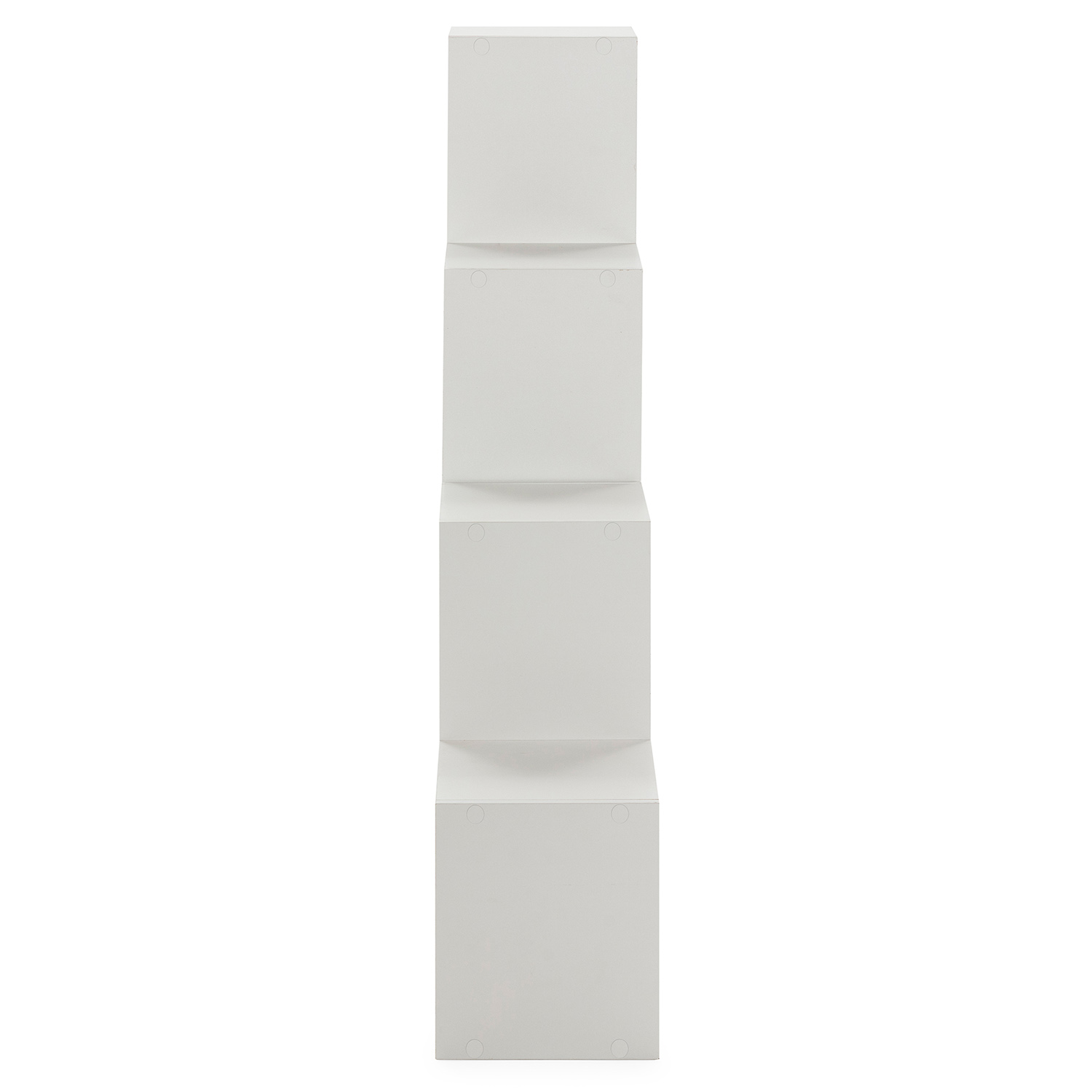 Un expositor cúbico blanco de cuatro niveles con niveles escalonados.