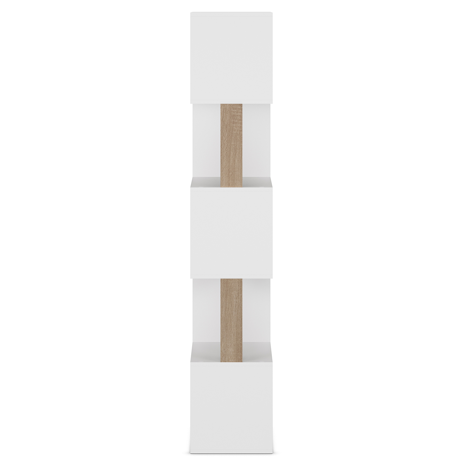 Un estante blanco con tres compartimentos y detalles de madera.