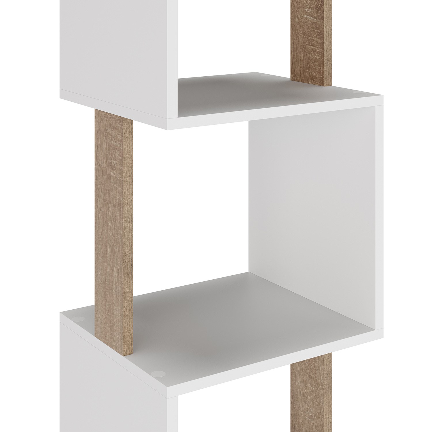 Estantería blanca con soportes de madera. Frontales claros, veta de madera oscura.