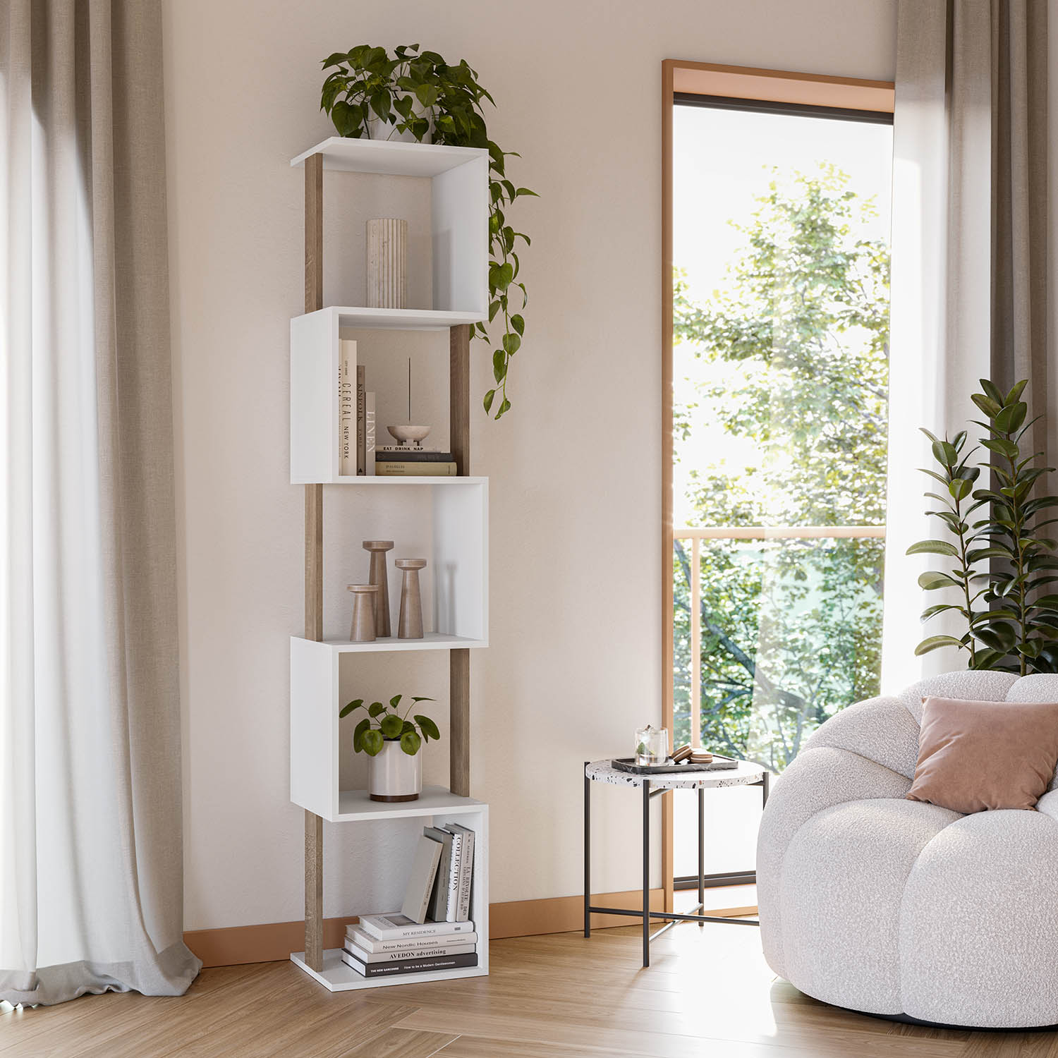 Un estante alto, blanco y de madera con libros y plantas.