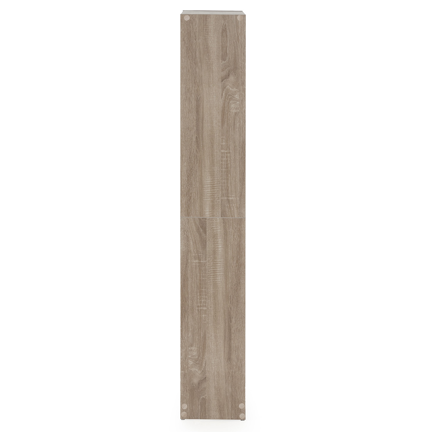 Una estantería alta y estrecha de imitación de madera clara con dos puertas.