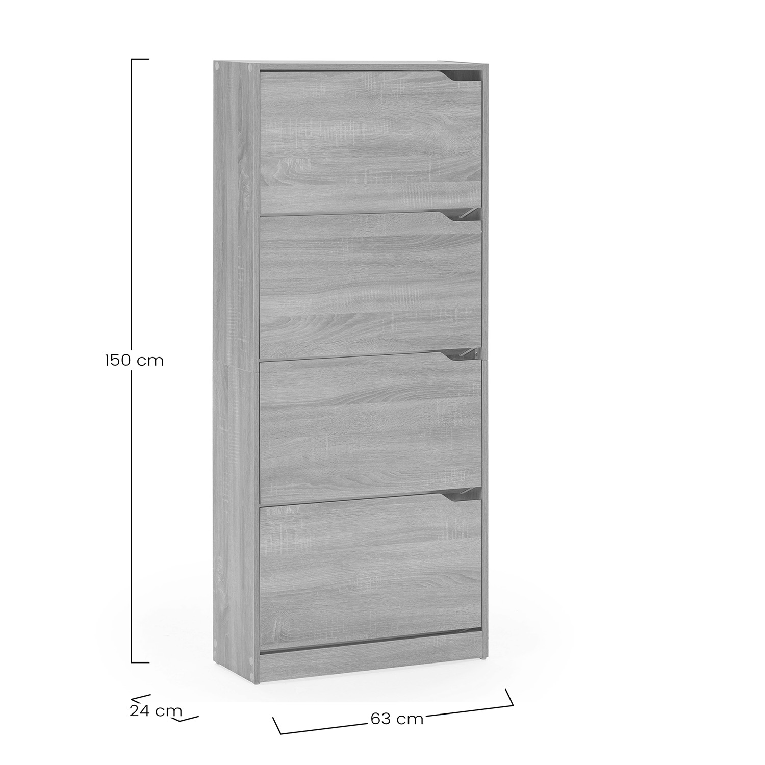 Zapatero gris con cuatro cajones abatibles, 150cm alto, 63cm ancho, 24cm prof.