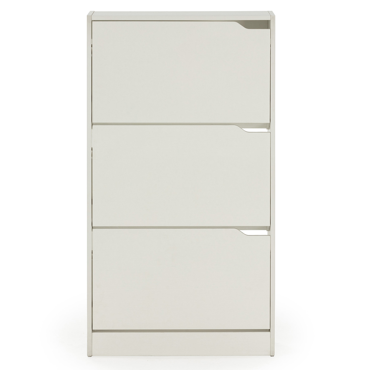Un mueble de almacenamiento sencillo y de color claro con tres cajones.