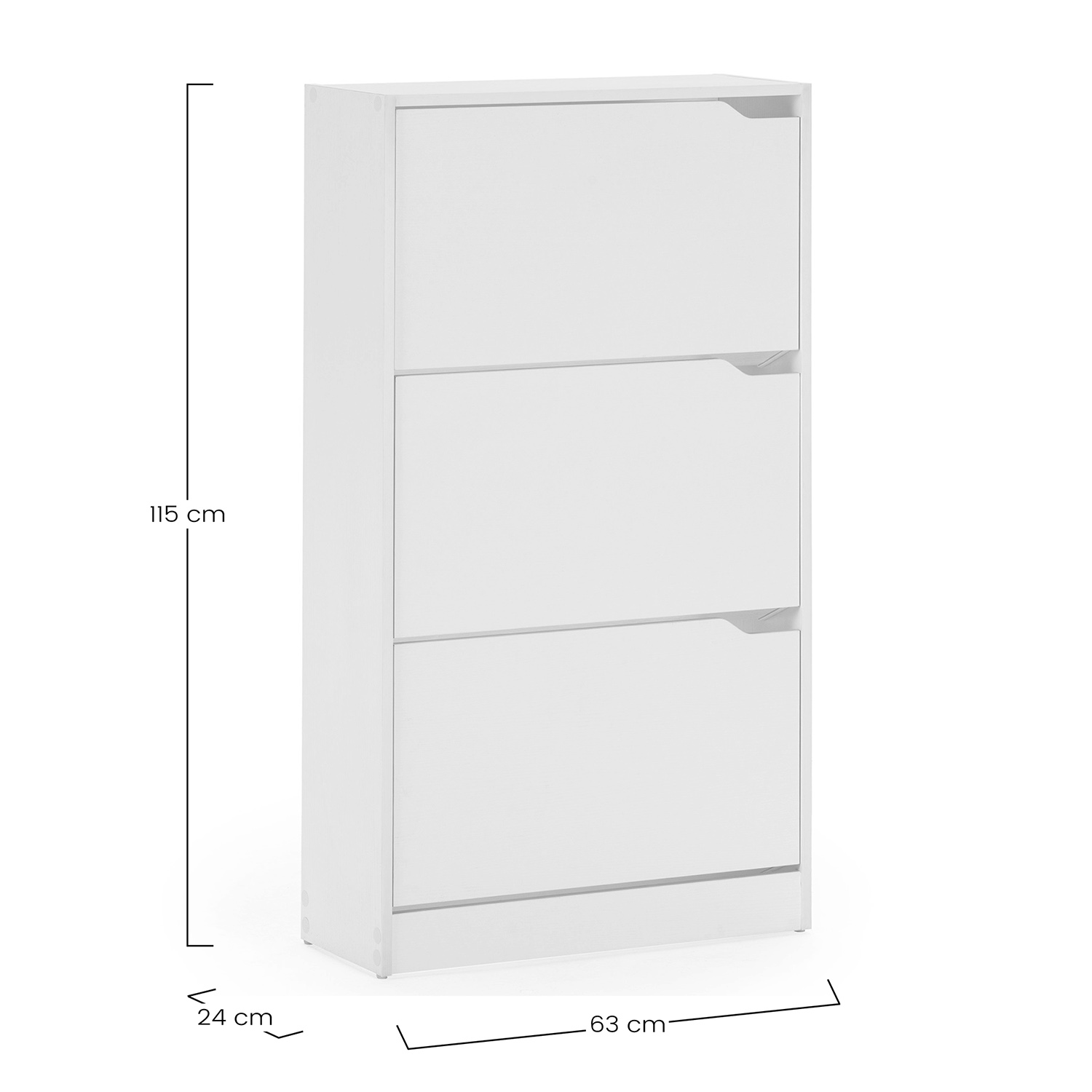 Un zapatero blanco y delgado con tres puertas abatibles. Dimensiones: 115x63x24 cm.