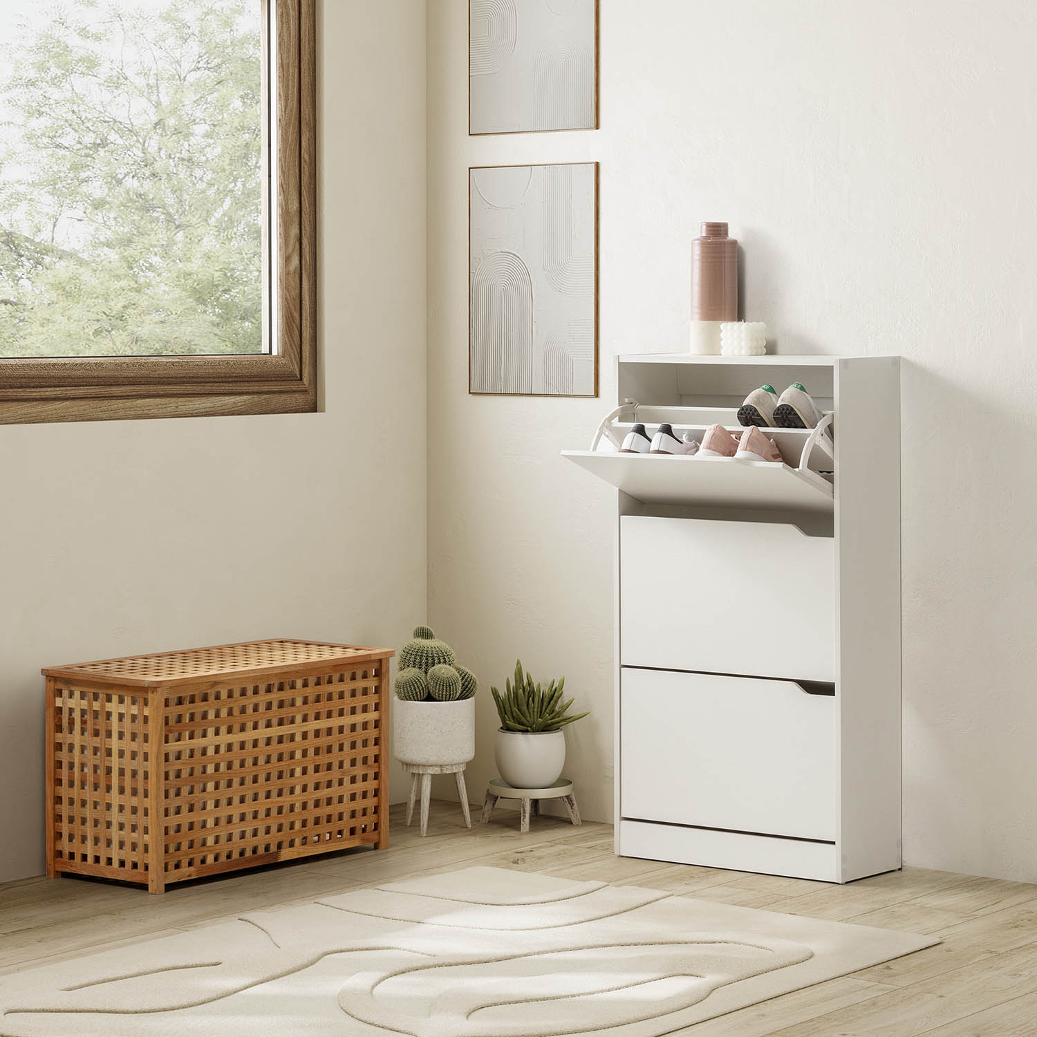 Una habitación luminosa con zapatero, cofre de madera, plantas y ventana.