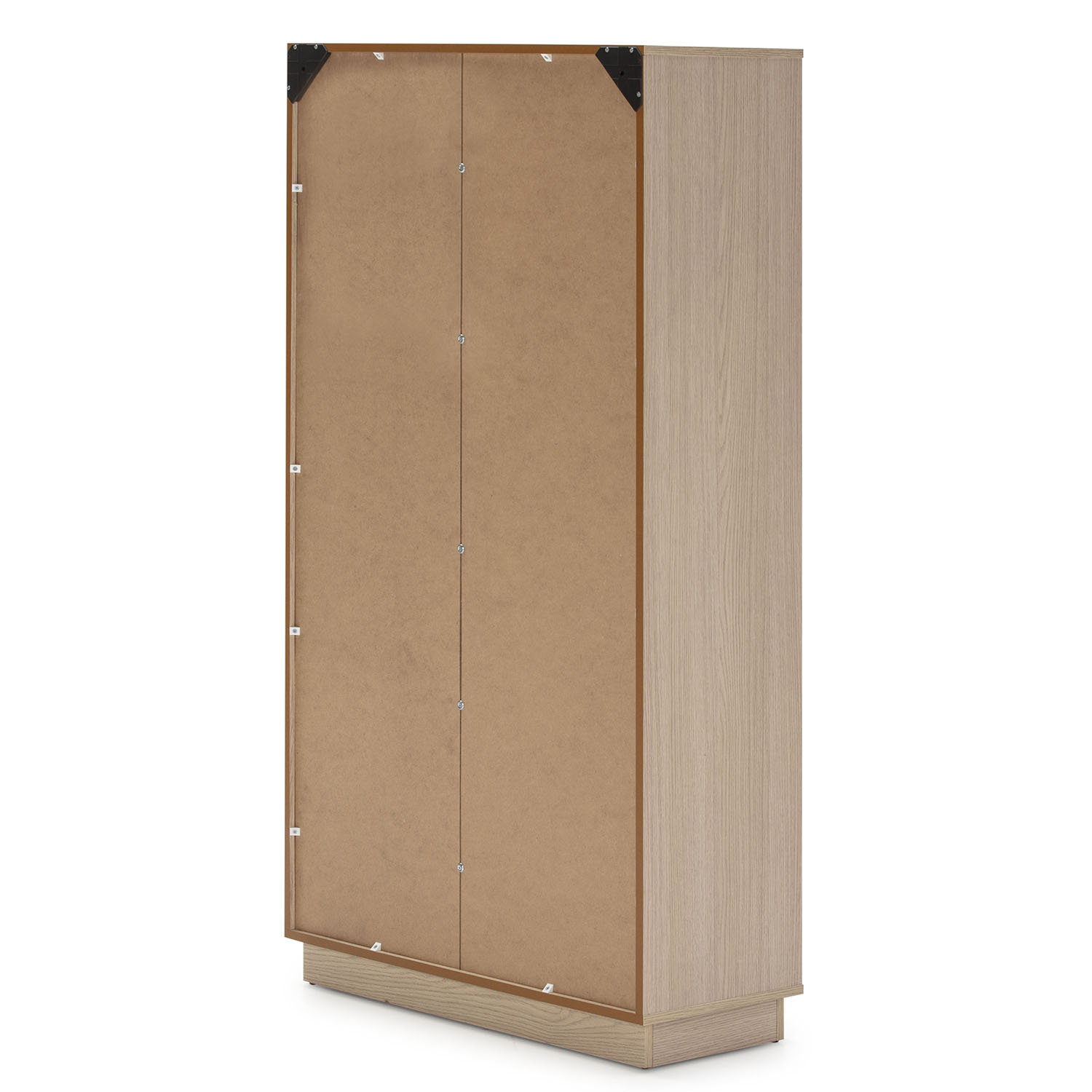 Vista trasera de un armario estrecho de madera con tablero aglomerado y refuerzos.