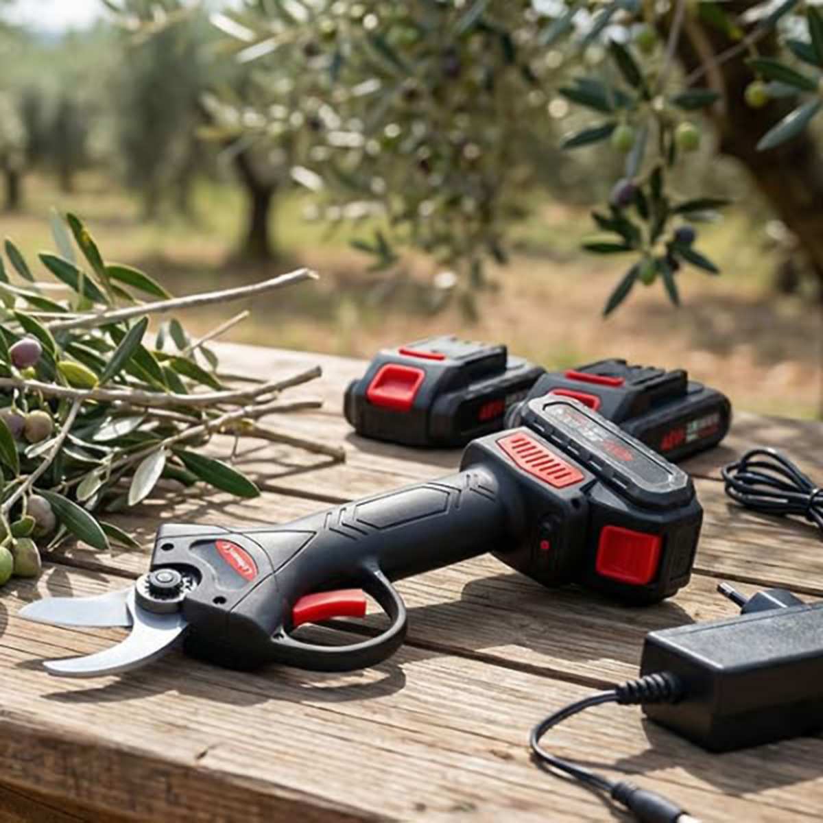 Tijeras de podar eléctricas con baterías y cargador sobre mesa de madera exterior.