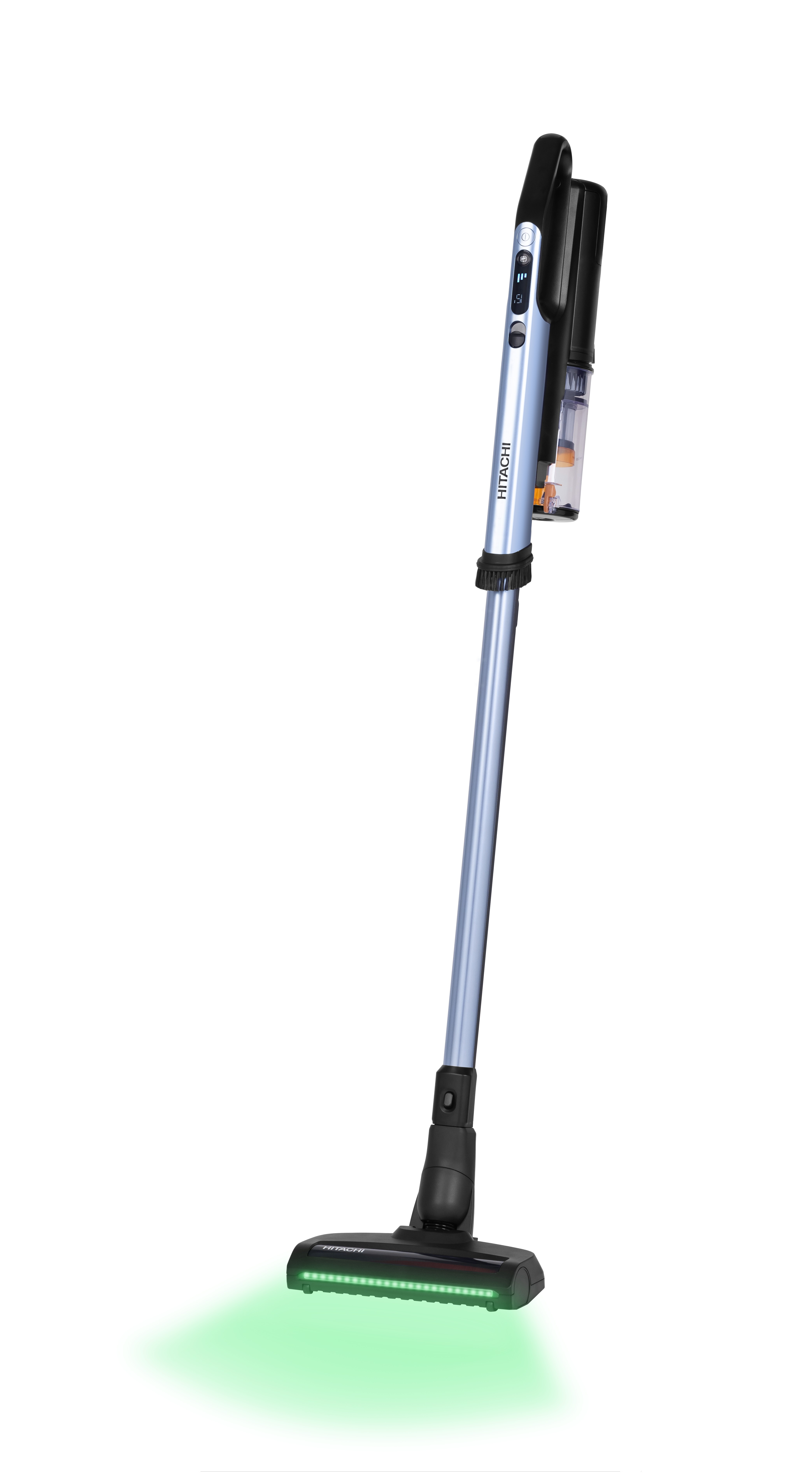 Ein blauer Hitachi-Staubsauger mit grüner LED-Beleuchtung am Bodenteil.
