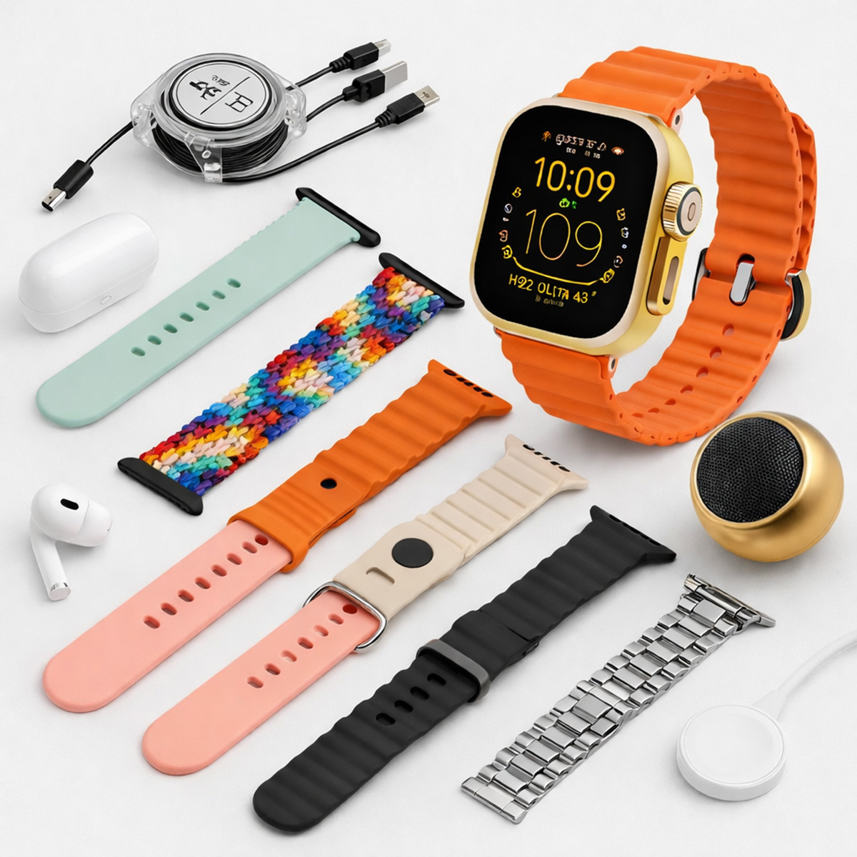 Pantalla de smartwatch con hora y datos, rodeada de correas coloridas, cables de carga y auriculares.