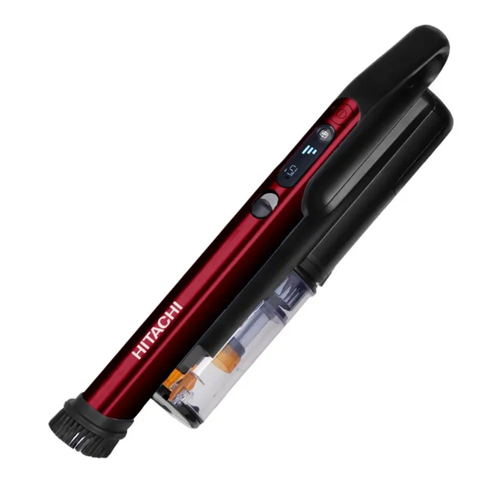Roter Hitachi-Staubsauger mit transparentem Behälter und Bürstenkopf.